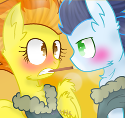 Size: 925x868 | Tagged: safe, artist:sprinklebloom, imported from derpibooru, soarin', spitfire, pegasus, pony, blushing, bomber jacket, clothes, cute, eye contact, food, jacket, looking at each other, male, orange background, pocky, pocky game, shipping, simple background, soarinfire, straight