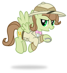 Size: 1024x1119 | Tagged: safe, artist:icaron, imported from derpibooru, oc, oc only, oc:saga, pegasus, pony, belt, bowtie, clothes, cutie mark, explorer outfit, grin, hat, horseshoes, jacket, pith helmet, shirt, show accurate, simple background, smiling, solo, transparent background, vector