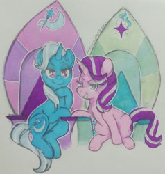 Size: 1280x1344 | Tagged: safe, artist:princesssnapdragon, imported from derpibooru, starlight glimmer, trixie, pony, unicorn, grin, smiling, traditional art