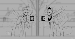 Size: 1280x664 | Tagged: safe, artist:novabytes, imported from derpibooru, sunset shimmer, twilight sparkle, alicorn, pony, alicornified, black and white, future, future twilight, grayscale, levitation, magic, monochrome, race swap, shimmercorn, sketch, telekinesis, twilight sparkle (alicorn), twilight's journal, wip