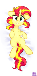 Size: 506x1049 | Tagged: safe, artist:tallaferroxiv, imported from derpibooru, sunset shimmer, pony, equestria girls, belly wubs, body pillow, body pillow design, cute, imminent belly rub, looking at you, on back, shimmerbetes, solo