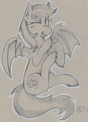 Size: 3247x4511 | Tagged: safe, artist:victorydanceofficial, imported from derpibooru, oc, oc only, oc:daturea eventide, bat pony, pony, monochrome, one eye closed, solo, traditional art, wink