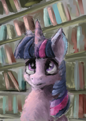 Size: 2480x3508 | Tagged: safe, artist:kingsleyrulz, imported from derpibooru, twilight sparkle, pony, book, bookshelf, female, solo