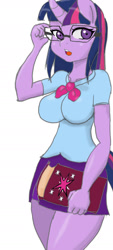 Size: 688x1528 | Tagged: safe, artist:tiroil, imported from derpibooru, twilight sparkle, anthro, unicorn, book, breasts, busty twilight sparkle, clothes, equestria girls outfit, female, glasses, open mouth, solo