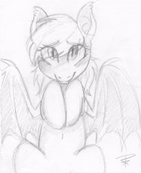 Size: 3411x4160 | Tagged: safe, artist:prismacraft, imported from derpibooru, oc, oc only, oc:daturea eventide, bat pony, pony, begging, cute, monochrome, sketch, solo, traditional art