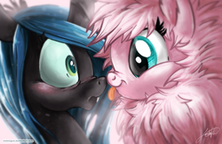 Size: 1246x814 | Tagged: safe, artist:jadedjynx, imported from derpibooru, queen chrysalis, oc, oc:fluffle puff, canon x oc, chrysipuff, female, lesbian, shipping