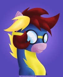 Size: 1040x1280 | Tagged: safe, artist:stec-corduroyroad, imported from derpibooru, oc, oc only, oc:corduroy road, earth pony, pony, blue, bodysuit, bust, clothes, cordy, goggles, gold, looking at you, not a wonderbolt, portrait, purple, smiling, solo, wonderbolts, wonderbolts uniform, yellow