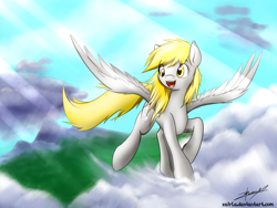 Size: 4000x3000 | Tagged: safe, artist:xeirla, imported from derpibooru, derpy hooves, pegasus, pony, cloud, crepuscular rays, female, happy, mare, mountain, open mouth, solo, spread wings