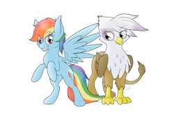 Size: 2015x1356 | Tagged: safe, artist:ethaes, imported from derpibooru, gilda, rainbow dash, griffon, redraw, simple background, smiling, transparent background, wings