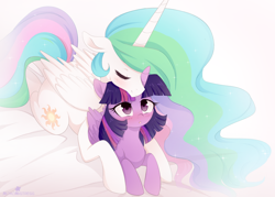 Size: 2108x1512 | Tagged: safe, artist:verawitch, deleted from derpibooru, imported from derpibooru, princess celestia, twilight sparkle, alicorn, pony, blushing, cuddling, cute, cutelestia, female, lesbian, shipping, snuggling, twiabetes, twilestia, twilight sparkle (alicorn)