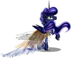 Size: 1200x980 | Tagged: safe, artist:tiffanymarsou, imported from derpibooru, princess luna, clothes, dress, female, gala dress, raised hoof, simple background, solo, transparent background, watermark