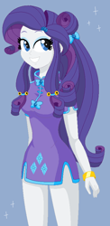 Size: 405x828 | Tagged: safe, anonymous artist, imported from derpibooru, rarity, equestria girls, blue background, cheongsam, clothes, cosplay, costume, female, ranma 1/2, shampoo (ranma 1/2), simple background, solo