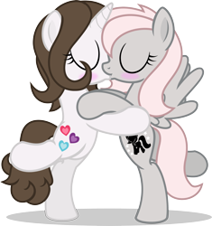 Size: 3087x3289 | Tagged: safe, artist:nxzc88, imported from derpibooru, oc, oc only, oc:pyrisa miracles, oc:violet, pegasus, pony, unicorn, bipedal, blushing, cutie mark, eyes closed, female, kiss on the lips, kissing, lesbian, oc x oc, raised leg, shipping, simple background, spread wings, transparent background, vector, wingboner