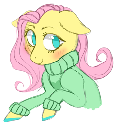 Size: 595x620 | Tagged: safe, artist:jellybeanbullet, imported from derpibooru, fluttershy, blushing, clothes, female, looking at you, solo, sweater, sweatershy