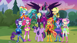 Size: 1920x1080 | Tagged: safe, artist:boneswolbach, artist:grendo11, imported from derpibooru, applejack, fluttershy, gaea everfree, gloriosa daisy, pinkie pie, rainbow dash, rarity, sci-twi, sunset shimmer, twilight sparkle, oc, oc:delta brony, equestria girls, legend of everfree, balloon, boots, clothes, crystal guardian, duality, glasses, high heel boots, human ponidox, jewelry, mane six, midnight sparkle, ponied up, rubber boots, self paradox, self ponidox, shoes, show accurate, sneakers, sparkles, sun, updated, vector, wings