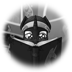 Size: 1417x1417 | Tagged: safe, artist:skorpionletun, imported from derpibooru, oc, oc only, oc:nyx, alicorn, pony, fanfic:past sins, book, chapter image, glasses, grayscale, monochrome, reading, simple background, solo, transparent background