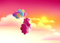 Size: 3200x2314 | Tagged: safe, artist:siggie740, imported from derpibooru, pinkie pie, balloon, female, floating, solo, sun, then watch her balloons lift her up to the sky