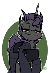 Size: 488x693 | Tagged: safe, artist:bbsartboutique, imported from derpibooru, oc, oc only, oc:facsimile, changeling, armor, changeling oc, purple changeling, simple background, smug, smug bug, solo