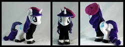 Size: 4012x1520 | Tagged: safe, artist:whiteheather, imported from derpibooru, rarity, beatnik rarity, beret, clothes, hat, irl, photo, plushie, shoes, solo, sweater, turtleneck