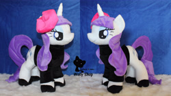 Size: 5952x3355 | Tagged: safe, artist:vegeto-uchihaportgas, artist:wolly, artist:wollyshop, imported from derpibooru, rarity, beatnik rarity, beret, clothes, fabulous, hat, irl, lidded eyes, photo, plushie, shoes, solo, sweater