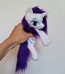 Size: 1510x1725 | Tagged: safe, artist:epicrainbowcrafts, imported from derpibooru, rarity, beanie (plushie), fluffy, hand, irl, lidded eyes, photo, plushie, solo