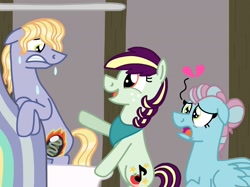 Size: 1970x1474 | Tagged: safe, artist:kindheart525, imported from derpibooru, oc, oc only, oc:hawk eye, oc:pristine melody, oc:turquoise edge, pony, kindverse, bathtub, bipedal, heartbreak, magical lesbian spawn, offspring, parent:applejack, parent:coloratura, parent:limestone pie, parent:zephyr breeze, parents:rarajack, parents:zephyrstone, shower, we don't normally wear clothes, wet mane