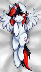 Size: 519x900 | Tagged: safe, artist:crystalfilth, imported from derpibooru, oc, oc only, oc:blackjack, alicorn, pony, fallout equestria, fallout equestria: project horizons, alicorn oc, alicornified, body pillow, body pillow design, cute, fanfic, fanfic art, female, hooves, horn, lying down, mare, on back, pillow, race swap, solo, spread wings, wings