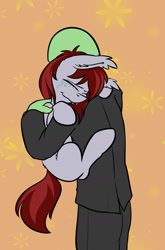 Size: 1252x1900 | Tagged: safe, artist:duop-qoub, imported from derpibooru, oc, oc only, oc:anon, oc:vannie, bat pony, pony, /mlp/, crying, holding a pony, hug, tears of joy