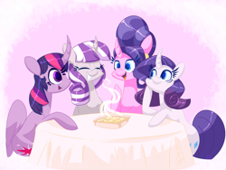 Size: 2000x1500 | Tagged: safe, artist:ogaraorcynder, imported from derpibooru, cookie crumbles, rarity, twilight sparkle, twilight velvet, alicorn, pony, rartwi, female, lesbian, mother and daughter, rarilight, shipping, smiling, table, twilight sparkle (alicorn)