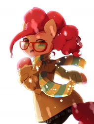 Size: 1200x1570 | Tagged: safe, artist:hidamariru, imported from derpibooru, pinkie pie, anthro, earth pony, semi-anthro, clothes, coat, cute, female, glasses, looking back, pantyhose, pixiv, scarf, skirt, snow, solo