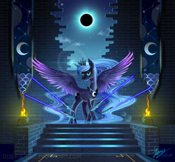 Size: 2500x2322 | Tagged: safe, artist:duskie-06, imported from derpibooru, princess luna, alicorn, pony, banner, color porn, crepuscular rays, eclipse, female, fire, lightsaber, magic, mare, moon, solar eclipse, solo, spread wings, stairs, star wars, stars, telekinesis, wall, weapon