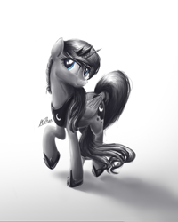 Size: 960x1200 | Tagged: safe, artist:lollipony, imported from derpibooru, princess luna, alicorn, pony, female, gradient background, grayscale, mare, monochrome, raised hoof, solo