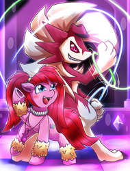 Size: 1142x1500 | Tagged: safe, artist:vavacung, imported from derpibooru, pacific glow, lycanroc, crossover, dancing, fangs, female, male, midnight lycanroc, pokémon