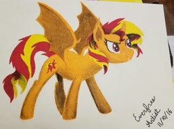 Size: 3070x2268 | Tagged: safe, artist:everfreeartist, imported from derpibooru, sunset shimmer, alicorn, bat pony, bat pony alicorn, pony, alicornified, bat ponified, charcoal (medium), charcoal drawing, female, lineless, mare, marker drawing, race swap, shimmercorn, simple background, solo, spread wings, traditional art, white background