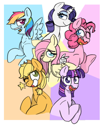 Size: 1000x1187 | Tagged: safe, artist:melodysuniverse, imported from derpibooru, angel bunny, applejack, fluttershy, pinkie pie, rainbow dash, rarity, twilight sparkle, grin, mane six, one eye closed, open mouth, smiling, wink