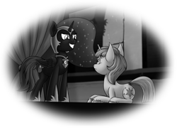 Size: 3310x2387 | Tagged: safe, artist:skorpionletun, imported from derpibooru, dinky hooves, nightmare moon, twilight sparkle, oc, oc:nyx, alicorn, pony, unicorn, fanfic:past sins, black and white, chapter image, clothes, cosplay, costume, duo, duo female, fanfic, fanfic art, female, frown, grayscale, grin, high res, looking at each other, mare, monochrome, nightmare nyx, school play, simple background, smiling, transparent background, unicorn twilight, unshorn fetlocks