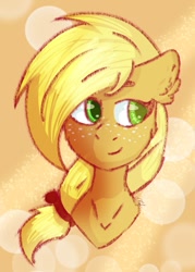 Size: 725x1012 | Tagged: safe, artist:drunk-reindeer, imported from derpibooru, applejack, aside glance, bust, colored pupils, female, hatless, missing accessory, portrait, sideways glance, solo