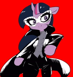 Size: 2150x2290 | Tagged: safe, artist:yajima, imported from derpibooru, twilight sparkle, arm hooves, clothes, costume, female, joker (persona), mask, persona, persona 5, red background, ren amamiya, simple background, solo, the phantom, thief