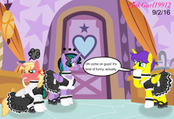 Size: 4076x2792 | Tagged: safe, artist:cinnamon-swirls, imported from derpibooru, oc, oc only, oc:orion galaxy, oc:paladin knight, oc:velvet shade, alicorn, pony, kindverse, alicorn oc, clothes, crossdressing, dialogue, embarrassed, maid, offspring, parent:flash sentry, parent:good king sombra, parent:king sombra, parent:princess cadance, parent:princess celestia, parent:shining armor, parent:twilight sparkle, parents:celestibra, parents:flashlight, parents:shiningcadance, red face, sweat, sweating profusely