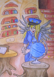 Size: 600x851 | Tagged: safe, artist:littlemissdevil1, imported from derpibooru, derpy hooves, human, book, female, globe, golden oaks library, humanized, mailmare, solo, spinning, traditional art, winged humanization