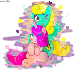 Size: 1626x1518 | Tagged: safe, artist:asika-aida, imported from derpibooru, oc, oc only, cute, duo, looking at you, one eye closed, simple background, tongue out, transparent background, wink