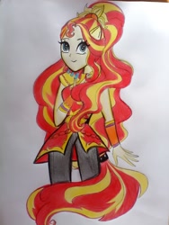 Size: 600x800 | Tagged: safe, artist:getaaa, imported from derpibooru, sunset shimmer, equestria girls, legend of everfree, clothes, crystal guardian, female, pants, ponied up, solo, traditional art