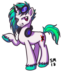 Size: 532x599 | Tagged: safe, artist:serenamidori, imported from derpibooru, oc, oc only, pony, unicorn, grin, headphones, simple background, smiling, solo, sunglasses, white background