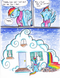 Size: 2552x3296 | Tagged: safe, artist:tristanjsolarez, imported from derpibooru, rainbow dash, pegasus, pony, comic:trans ponies, clothes, cloud, cloud house, comic, house, liquid rainbow, male, rainbow blitz, rainbow waterfall, rule 63, scarf, solo, stallion, traditional art, transgender, welcome mat