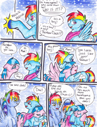 Size: 2501x3276 | Tagged: safe, artist:tristanjsolarez, imported from derpibooru, firefly, rainbow blaze, rainbow dash, pegasus, pony, comic:trans ponies, clothes, colored pencil drawing, comic, crying, family, female, fireblaze, firefly as rainbow dash's mom, g1, g1 to g4, g4, generation leap, knocking, male, mare, nudity, parent, rainbow blitz, rainbow dash's parents, rule 63, scarf, sheath, shipping, stallion, straight, tears of joy, traditional art, transgender