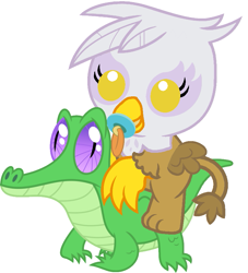 Size: 811x892 | Tagged: safe, artist:red4567, imported from derpibooru, gilda, gummy, griffon, baby, chick, chickub, cub, cute, gilda riding gummy, gildadorable, griffons riding gators, pacifier, riding, simple background, weapons-grade cute, white background, younger