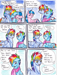 Size: 2552x3300 | Tagged: safe, artist:tristanjsolarez, imported from derpibooru, firefly, rainbow blaze, rainbow dash, pegasus, pony, comic:trans ponies, clothes, colored pencil drawing, comic, crying, family, female, fireblaze, firefly as rainbow dash's mom, g1, g1 to g4, g4, generation leap, male, mare, rainbow blitz, rainbow dash's parents, rule 63, scarf, shipping, stallion, straight, tears of joy, traditional art, transgender