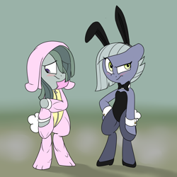 Size: 1280x1280 | Tagged: safe, artist:victoreach, imported from derpibooru, limestone pie, marble pie, earth pony, pony, rabbit, animal costume, bipedal, blushing, bow, bowtie, bunny costume, bunny ears, bunny suit, clothes, costume, cute, female, leotard, limabetes, marblebetes, mare, playboy, playboy bunny, sisters
