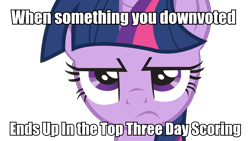 Size: 1920x1080 | Tagged: safe, imported from derpibooru, twilight sparkle, female, image macro, meme, meta, obligatory pony, op started shit, solo, unamused, when x and y