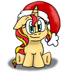 Size: 772x788 | Tagged: safe, artist:shonatabeata, imported from derpibooru, sunset shimmer, pony, unicorn, cute, female, floppy ears, hat, looking at you, mare, santa hat, shimmerbetes, simple background, sitting, smiling, solo, transparent background